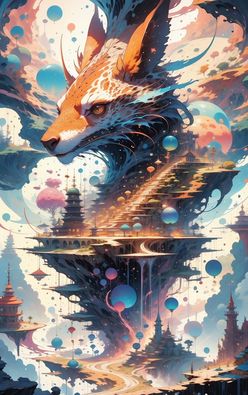 dreamwave <lora:ultimaEnd:1>, a Engagement shot of Wild animal, Dream World Mountaineer,Public Transportation,Roof Vent, <lora:Cosmic anime-oil fusion v2:1>