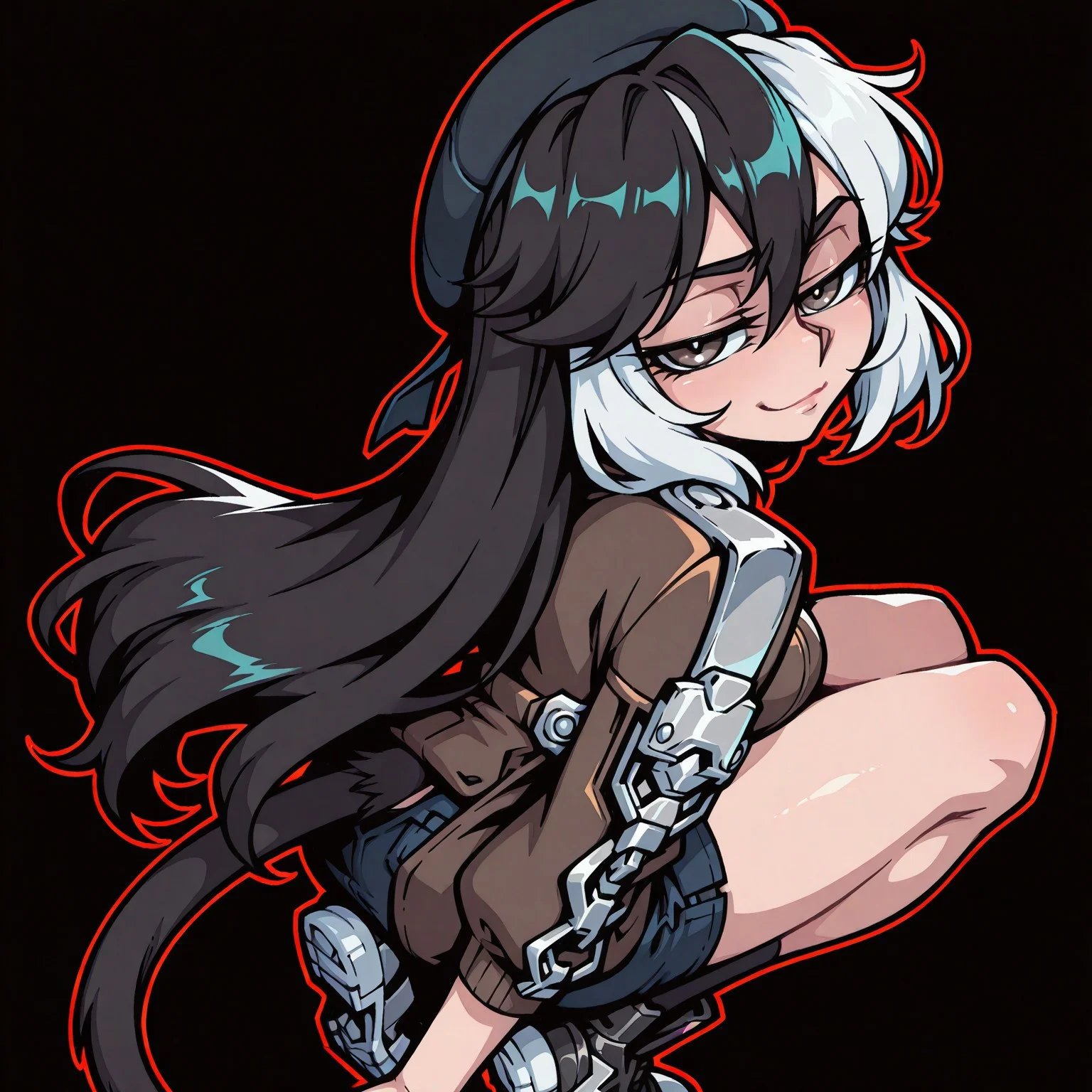 masterpiece, best quality, amazing quality, very aesthetic, flat colors, source_hentai, uncensored, Kagami Hirotaka (author of Taimanin girls) BREAK,, (thick outline), vanripper,1girl, hi3 coralie
two-tone hair, white hair, black hair, long hair, medium breasts, tail, animal ears
jacket, miniskirt, denim skirt, sneakers, black beret, ,,mature female, looking at viewer, half-closed eyes, expressionless, simple background, close up, face focus, rblack background, ben-day dots background, cute face, face focus, smirk, solo