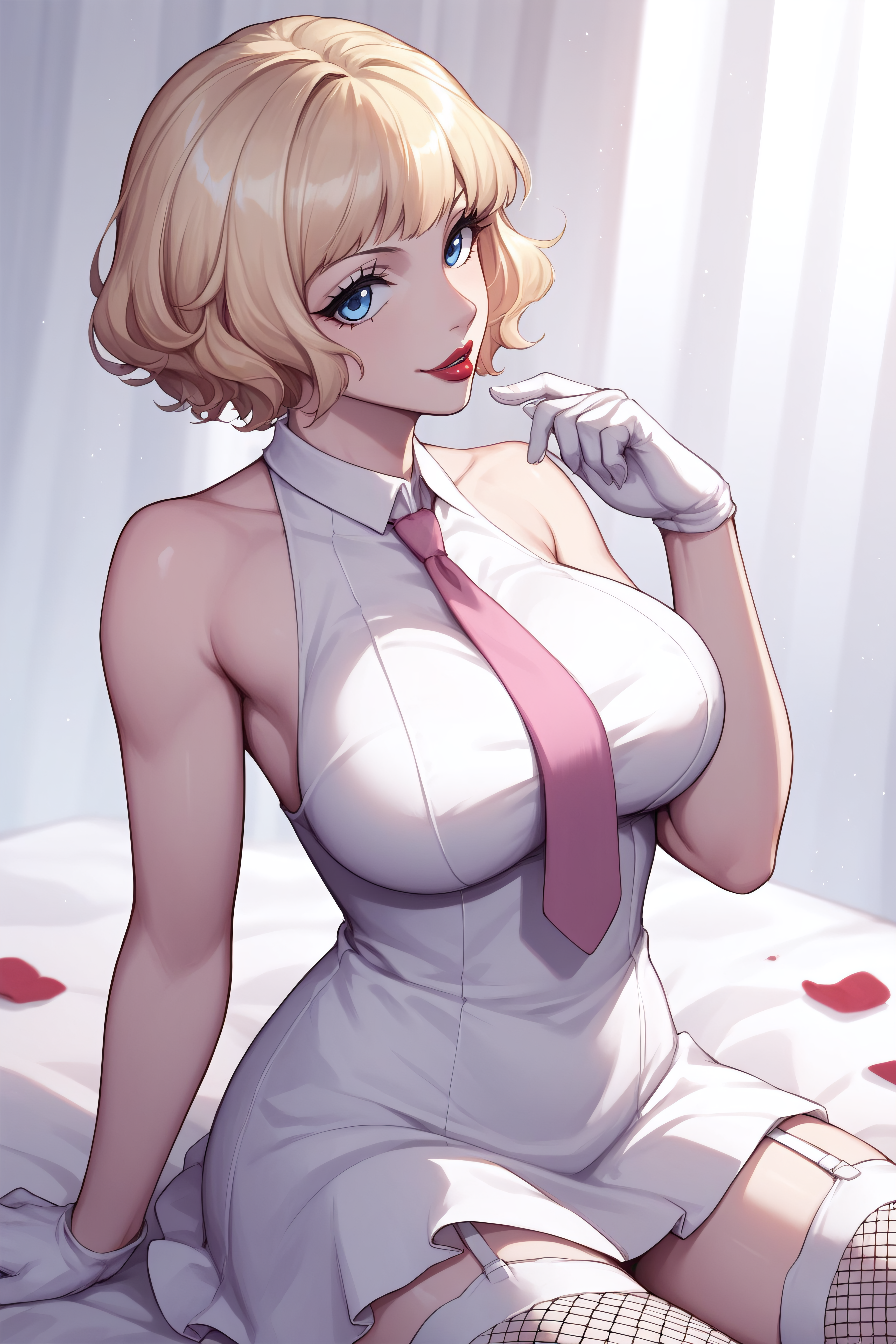 score_9, score_8_up, score_7_up, BREAK source_anime, <lora:Stussy-PonyXL-lora-Faxtron:0.8> stussy, blue eyes, blonde hair, short hair, lipstick, large breasts, white dress, sleeveless, pink necktie, garter straps, white gloves, fishnet white thighhighs,