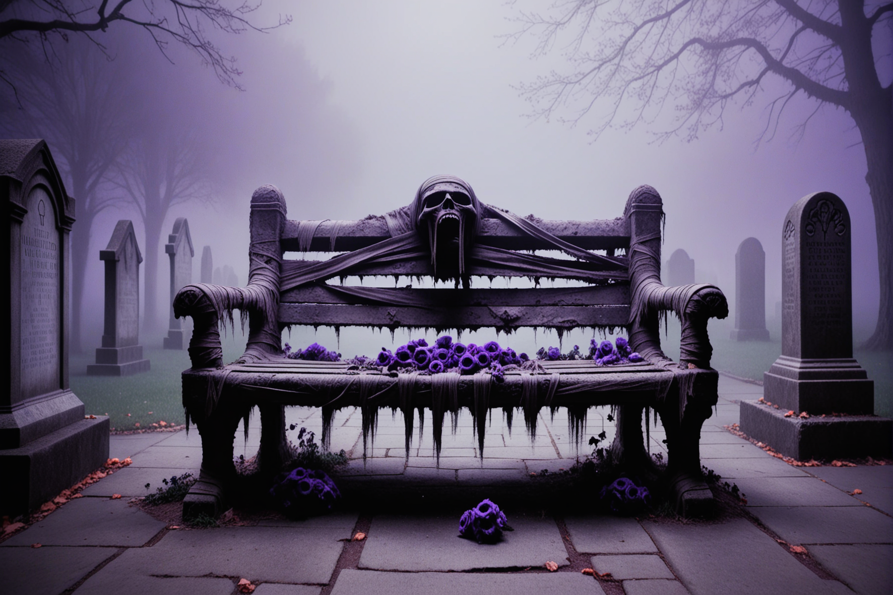 artwork of mummified park bench next to stone wall of graveyard, creepy, horror, night, cinematic, gothic, halloween, grave stones, shrivelled flowers, foggy <lora:mummified_sdxl:0.8>