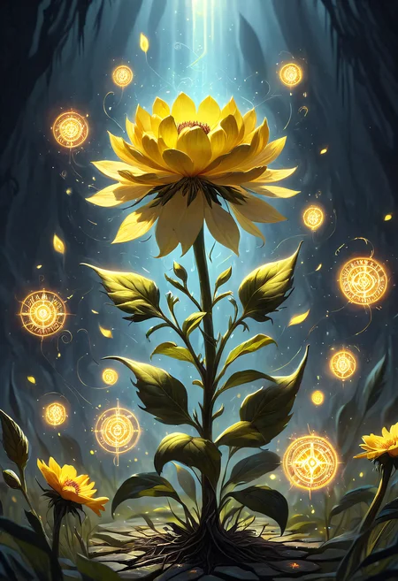 Glowing Runes, a Yellow flower surrounded by glowing runes, concept art realism,