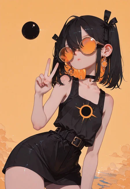 masterpiece, best quality, amazing quality, very aesthetic, absurdres,
1girl, solo, ((from above)),
twintails, streaked hair, black hair, inner hair color , hair between eyes,  medium hair ,
simple pastel gold  background,
shy, blushed, multicolored hair,
large round opaque black sun glasses, landscape reflection in glasses ,
tank top, tight mini skirt, flat chest,
black choker, ultra detailed eyes,
looking side, upper body shot,
v ,
earrings,  jewelry, hair ribbon,
emotionless ,
from side,
(contrapposto:1.2), thick legs, chubby thick legs, thighs tension, realistic clothes texture,
narrow waist, wide hips, detailed eyes,
unl1, fl4t, 