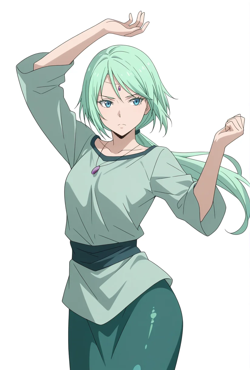 Smooth Quality,masterpiece,very intricate, high quality details, ultra realistic, high detailed skin,detailed enviorement,absurdres,
simple background, white background,solo,
front view,dancing, 
envy,
  <lora:Mjurran_cnn:0.8> mjurrancnn,1girl, short hair, green hair, blue eyes, frown,necklace, forehead jewel,low ponytail + long hair,
tunic,  ,flight jacket,  ,mermaid skirt,