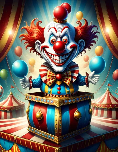 Monster in a box, high quality, masterpiece, anime, cartoon, clown in a circus box design, big red nose, gentle eyes, happy smile, circus top, elaborate fantasy style art, intricate details, ultra sharp, backlit, exquisite detail <lora:Monster_in_a_Box_SDXL:1>
