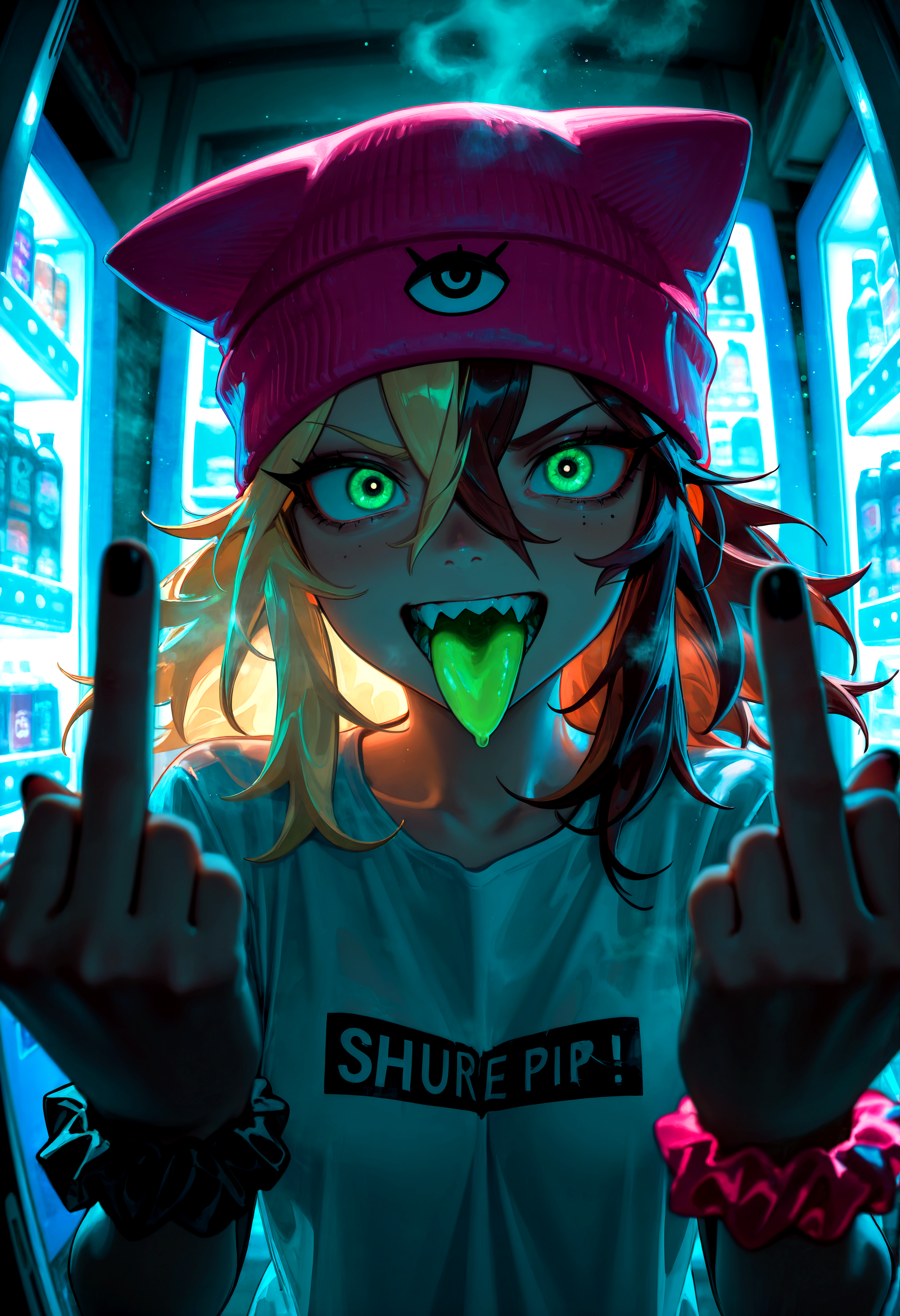 HDR, 8K, high contrast, masterpiece, best quality, amazing quality, very aesthetic, superabsurd res, high resolution, ultra-detailed, absurdres, newest, scenery, (horikoshi kouhei:0.3), (quasarcake:0.3), (wlop:0.3), light rays, chiaroscuro, dynamic angle, foreshortening, close up, solo, upper body, brokie-shteppi, 1girl, green eyes, sanpaku, blonde hair, brown hair, two-tone hair, split-color hair, (multicolored hair), hair between eyes, sharp teeth, green tongue, tongue out, pink beanie, animal hat, piercing, t-shirt, black nail polish, wrist scrunchie, cigarette in mouth, open mouth, double middle finger, shop, vending machine, bokeh, fog, glowing, backlighting, partially illuminated, Intricately designed, Mysterious Shadows, BREAK, photorealistic, beautiful detailed eyes, detailed skin, detailed hair, volumetric lighting, dappled light, light particles, dramatic shadows, cinematic lighting, photo background, depth of field, <lora:ponyxl\cfg_scale_boost:0.8> <lora:IL\KMS_Brokie-Shteppi_IL-000007:1>