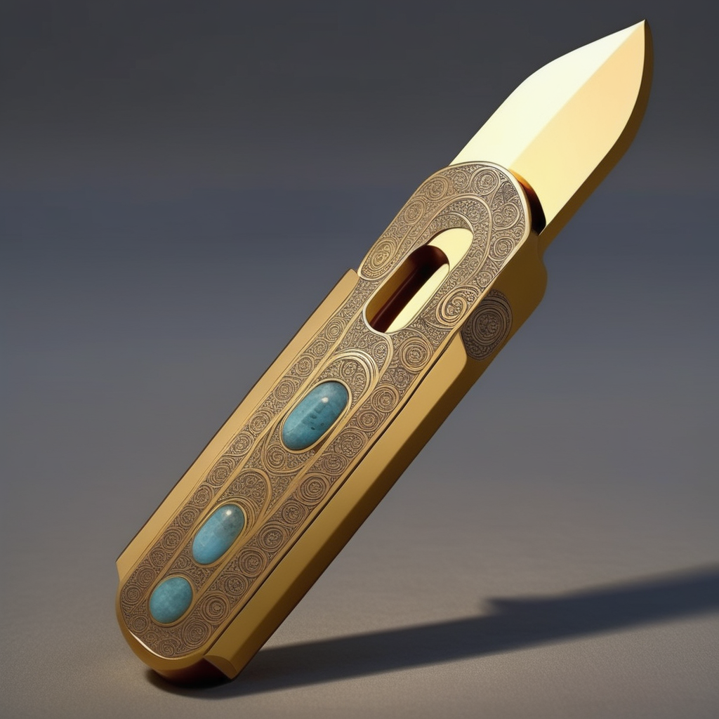 A photorealistic image of a folding knife that exudes the aura of an ancient or religious artifact. The blade should be intricately designed, possibly with engravings or symbols that suggest a mystical or sacred origin. The handle could be made of a material that looks aged or precious, like weathered bone or gold, and may include gemstone inlays or other ornate details. The knife should be displayed in a setting that enhances its artifact-like qualities, such as an ancient temple or a sacred altar. Dramatic lighting should be used to cast shadows and highlights that emphasize the knife's intricate details and give it a mystical glow,<lora:Luobo_knife3:0.55>