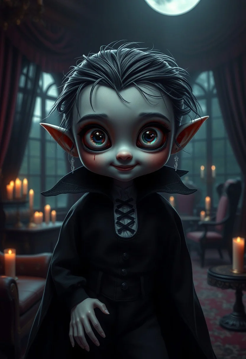 (masterpiece), (high quality), (ultra-detailed), cute but creepy vampire, youthful pale face, large wide eyes, shimmering eyes, small fangs, (mischievous smile), (tiny drop of blood on lips), (oversized gothic outfit), unnaturally smooth pale skin, slight glow under dim lighting, dark moonlit room, heavy velvet curtains, old-fashioned furniture, scattered candles, (flickering shadows), dark allure, (whimsical yet gothic atmosphere), dark fantasy aesthetic