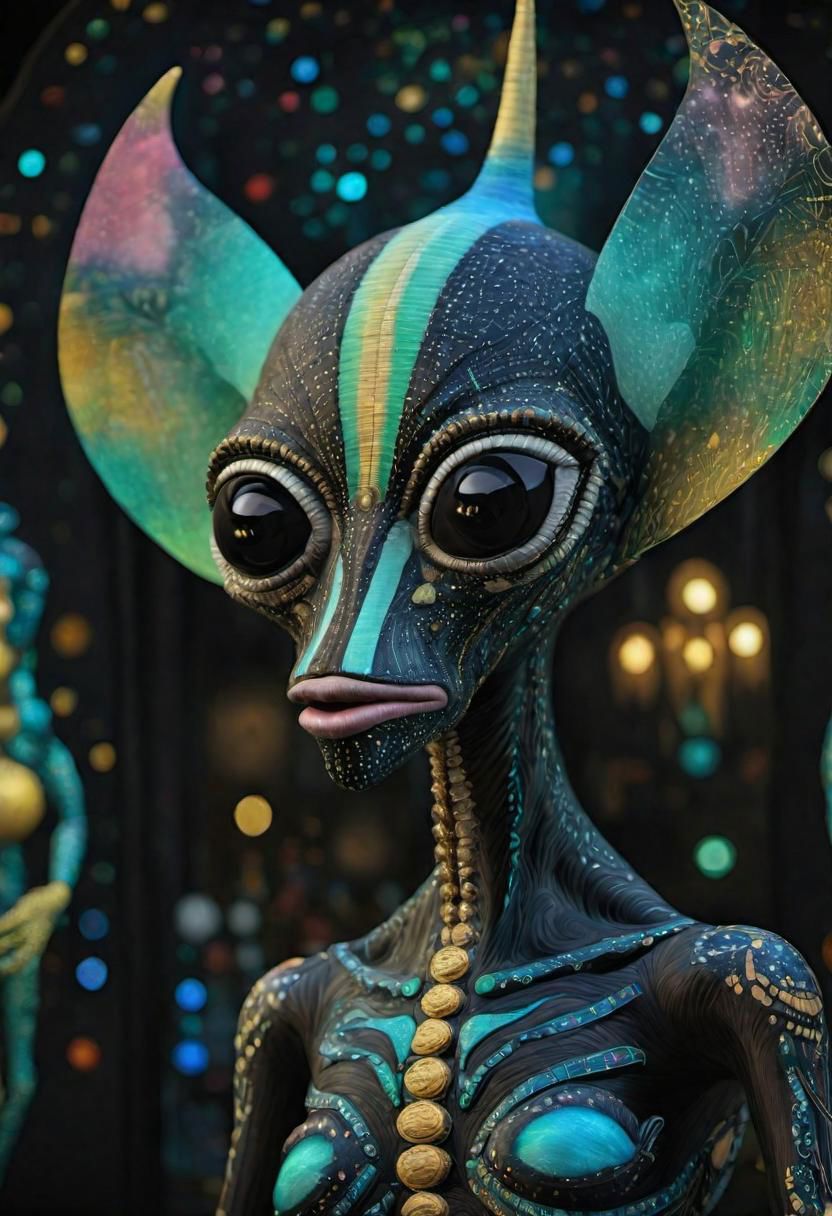 night alien kiss, basquiat, klimt, magritte, android jones,photorealistic, 8k, hq, sharp focus, dof