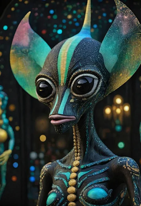 night alien kiss, basquiat, klimt, magritte, android jones,photorealistic, 8k, hq, sharp focus, dof