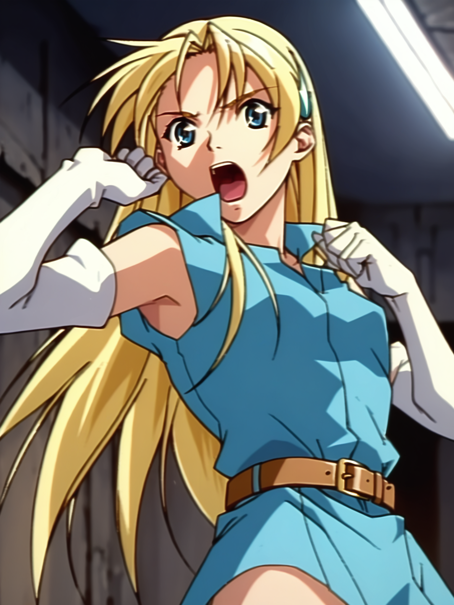 <lora:happy_tentacle-sharon-v0.3-000010:0.9>, ht_sharon, crescent hair ornament, blue dress, belt, elbow gloves, white gloves , cowboy shot, 1girl, (petite:1.2), solo focus, (screaming:1.1), (looking at viewer:1.1), sidelighting, (depth of field:0.8), , score_9, score_8_up, score_7_up, score_6_up, score_5_up, score_4_up,
