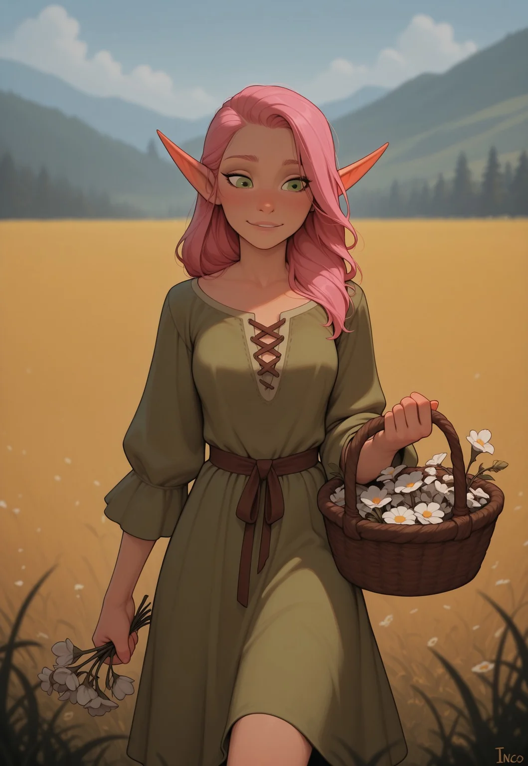 masterpiece, best quality, amazing quality, very aesthetic, DISNEY_ANIMATION, incoth, (incase:0.6), female, solo, (depth of field), medieval setting, field, day time
elf, pink hair, green eyes, cute face, slender, small breasts, long hair swept to one side, short elf ears, short ears,
simple dress,
walking in field, holding basket of flowers,