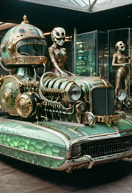 An incredible award winning experimental cinematic still, Three brave men with bell jars for gigantic heads, they have huge freakish eyes, wearing delightful stylish jumpsuits by Gucci, posing in front of a stylish futuristic lowrider hoover car with etched uranium glass windows, 1970s science fiction, dramatic cinematic moody lighting, full soft offset printing, psychedelic trip, cursed image, masterpiece, museum quality, Robert Rauschenberg rococo Style, RococoPunkAI
