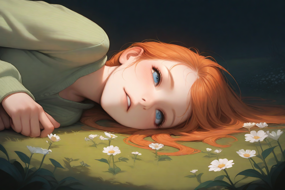 masterpiece, best quality, very aesthetic, 1girl, solo, wide mouth, thin lips, lying on ground, lawn, flower, sunny