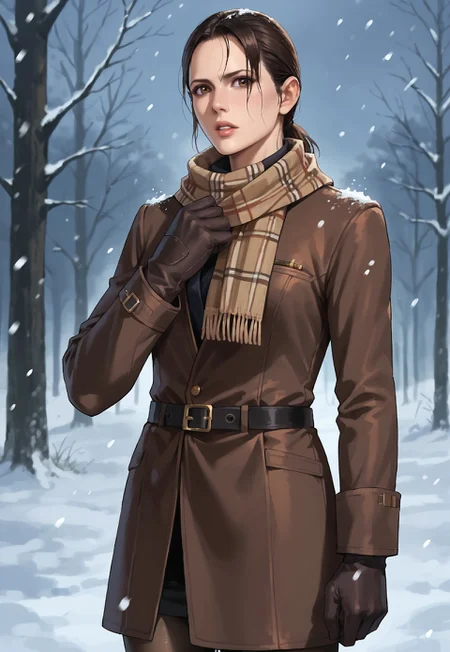 Score_9_up, score_8_up, score_7_up, source_realistic, cowboy shot, BREAK parted lips, 1girl, solo, NaomiMGS, brown eyes, ponytail, scarf, dark brown coat, gloves, snowing, pantyhose,