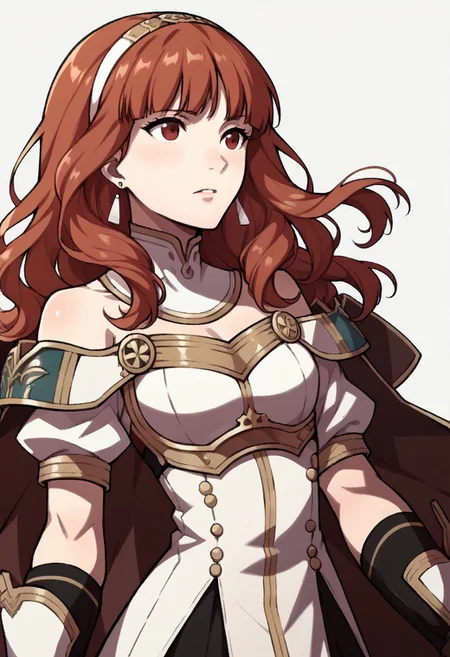 score_9, score_8_up, score_7_up, source_anime BREAK 1girl, solo, <lora:zs_AwakeningPortraitsXL:1> awakeningportraits, portraits, white background,  <lora:fecelica-pdxl-nvwls-v1-000005:1> defCeli, red hair, red eyes, hairband, earrings, cape, detached collar, white dress, cleavage, bare shoulders, arm guards, fingerless gloves