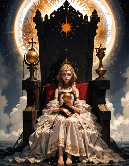 score_9, score_8_up, score_7_up, score_6_up, score_5_up, score_4_up, (1boy, full body:1.1), miquella, blonde hair, holding a huge golden sphere, crown braid, multiple braids, yellow eyes, white robe, gold armlet, circlet, cute smile, sitting on a black throne, black stone, black throne, sunlight, wind, flying wheat, water sparkles, (flat chest:1.2)