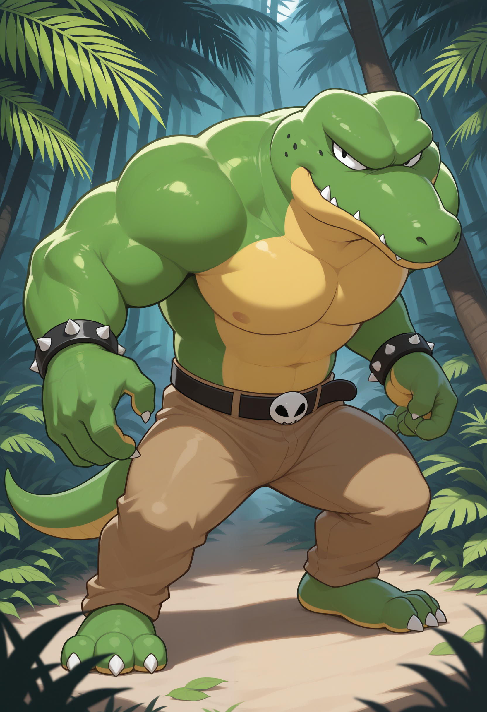 masterpiece,best quality, amazing quality, 1boy, solo, kr1tt3r, gator boy, brown pants, spiked bracelets, black belt, attack, jungle, full body,
