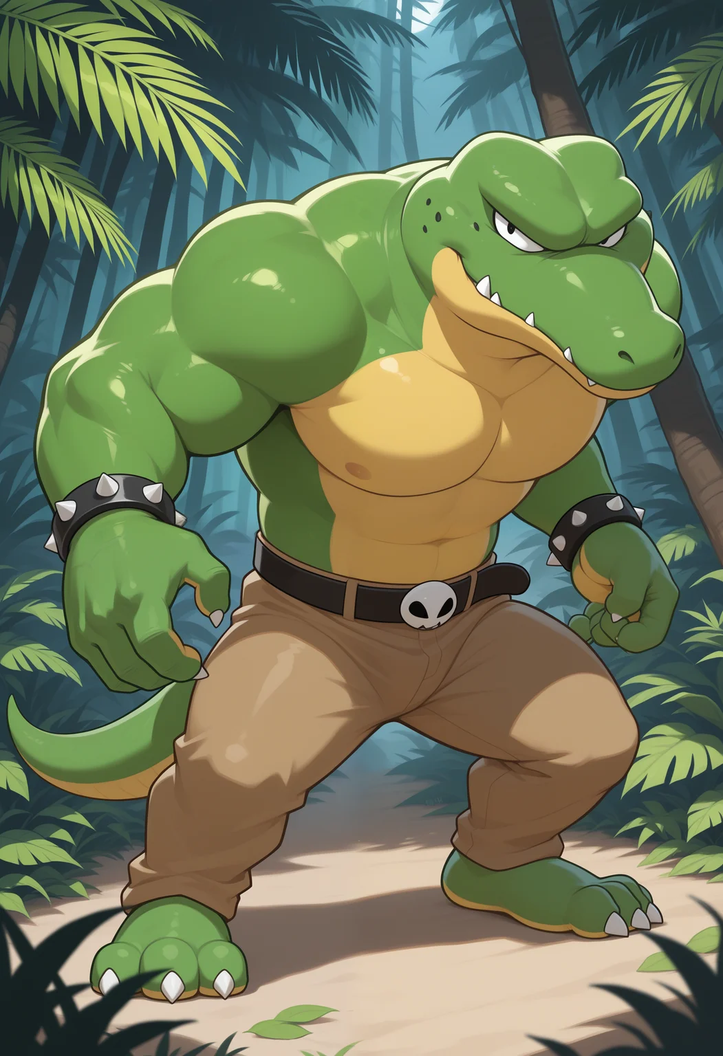masterpiece,best quality, amazing quality, 1boy, solo, kr1tt3r, gator boy, brown pants, spiked bracelets, black belt, attack, jungle, full body,