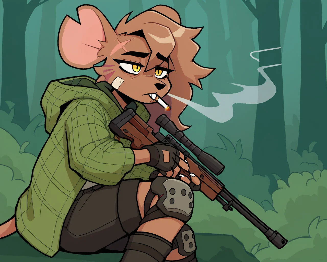 score_9_up, score_8_up, score_7_up, score_6_up, by remanedur, female, half-length portrait, mouse, yellow eyes, facial scar, bandaid on face, notched ear, face paint, brown hair, tail, brown fur, boots, black shorts, cigarette, cigarette in mouth, smoking, green jacket, buckteeth, single knee pad, single thighhigh, fingerless gloves, cargo shorts, holding weapon, rifle, tired, neutral expression, holding gun, ranged weapon, rifle, green hoodie, solo, open jacket, side view, forest, <lora:Leah_Pines(AIM)_XL_v1:0.15> <lora:PDXL_artist_tags_v2_big:0.5> <lora:The-Minuscule-Task_PDXL_v1.0:0.6> <lora:Leah_Pines_v2_WirelessShiba:0.7>