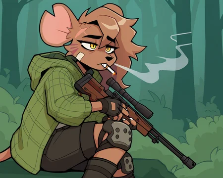 score_9_up, score_8_up, score_7_up, score_6_up, by remanedur, female, half-length portrait, mouse, yellow eyes, facial scar, bandaid on face, notched ear, face paint, brown hair, tail, brown fur, boots, black shorts, cigarette, cigarette in mouth, smoking, green jacket, buckteeth, single knee pad, single thighhigh, fingerless gloves, cargo shorts, holding weapon, rifle, tired, neutral expression, holding gun, ranged weapon, rifle, green hoodie, solo, open jacket, side view, forest, <lora:Leah_Pines(AIM)_XL_v1:0.15> <lora:PDXL_artist_tags_v2_big:0.5> <lora:The-Minuscule-Task_PDXL_v1.0:0.6> <lora:Leah_Pines_v2_WirelessShiba:0.7>