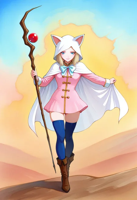 masterpiece, best quality, amazing quality, newest, ,Devout_cos,cat hood,pink dress,white cape,bow,skirt,staff,thighhighs,boots,amano yoshitaka, abstract, watercolor \(medium\)