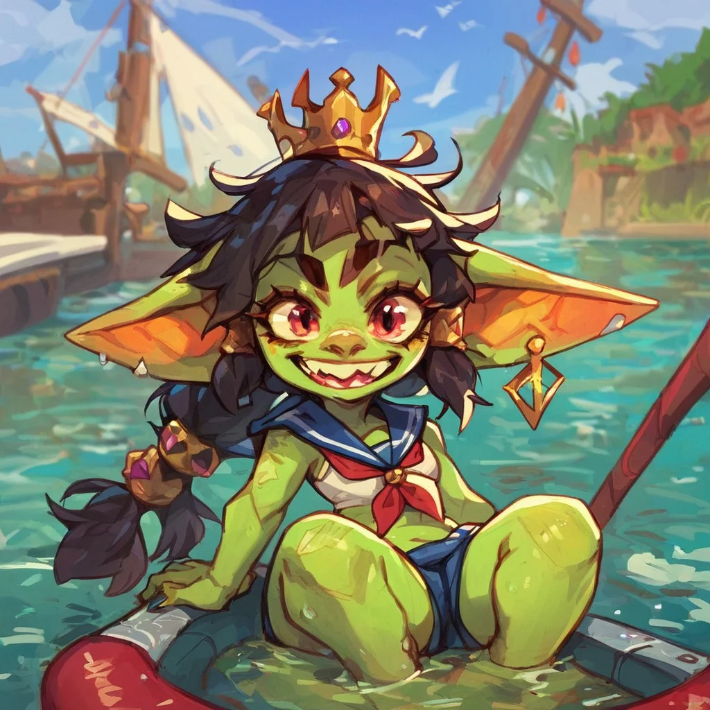 score_9, score_8_up, score_7_up, high quality, 1girl, solo, Goblin, green skin, colored skin, shortstack, dark hair, sailor outfit, happy, on boat, blurred background,