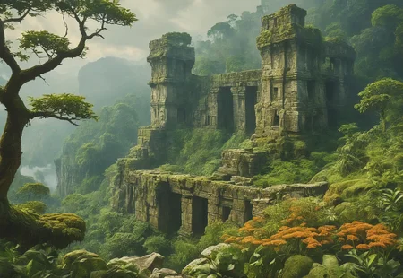 style of [ Ted Nasmith | Fernando Amorsolo | Alois Arnegger ], score_9, score_8_up, score_8_up, ng_deepnegative_v1_75t, 
Perched on a remote jungle plateau, the ancient ruins (ral-brks) emerge from the dense canopy like a forgotten secret. Weathered stone structures, half-cloaked in thick vines, rise amidst the surrounding trees, their once-grand facades now worn by centuries of neglect. Tall, crumbling pillars stand like silent sentinels, their surfaces etched with faded carvings of long-lost gods. Moss and lichen blanket the stones, softening their jagged edges, while patches of wildflowers creep through cracks in the floor. In the distance, the jungle hums with life, its green expanse stretching to the horizon, but here, in this isolated pocket, time feels suspended—an enigmatic relic of a world that once thrived,

DnD_Grainyboyz,colorful, magical, dreamlike, painterly,  illustration, a labyrinthine maze of daggerlike rock foundations towering above the mist-shrouded jungle canopy, in the distance lies a massive, flooded river delta with the ocean beyond, very detailed: 1.5,
, masterpiece, PYS-XL,

