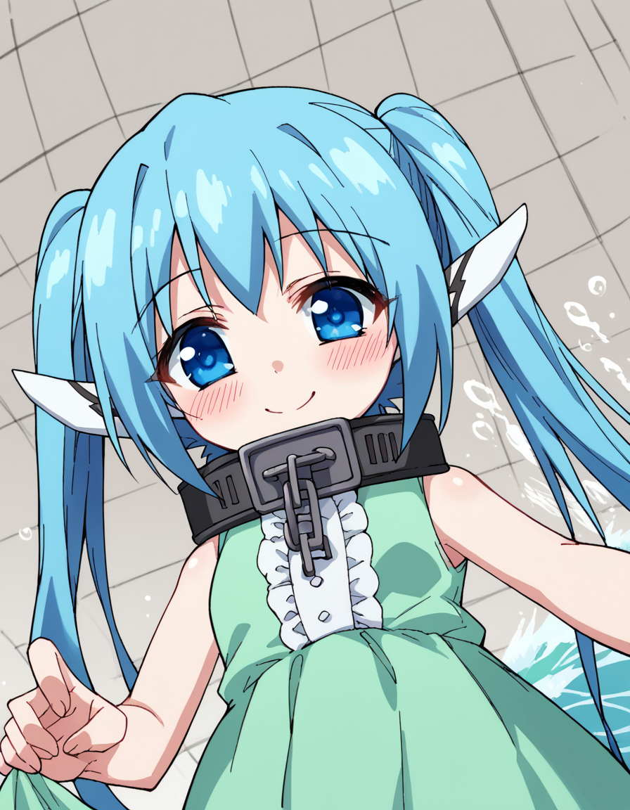 score_9, score_8_up, score_7_up, source_anime, <lora:otoshimono-nymph-s2-ponyxl-lora-nochekaiser:1>, nymph, long hair, blue eyes, twintails, blue hair, collar, chain,, dress, green dress, center frills, sleeveless,, ocean, waves, saltwater, fish, vast, , <lora:lap-pov-ponyxl-lora-nochekaiser:1>, lap pov, lap pillow, from below, ceiling, looking down, pov, blush, smile,, looking at viewer, solo,, dutch angle, cowboy shot