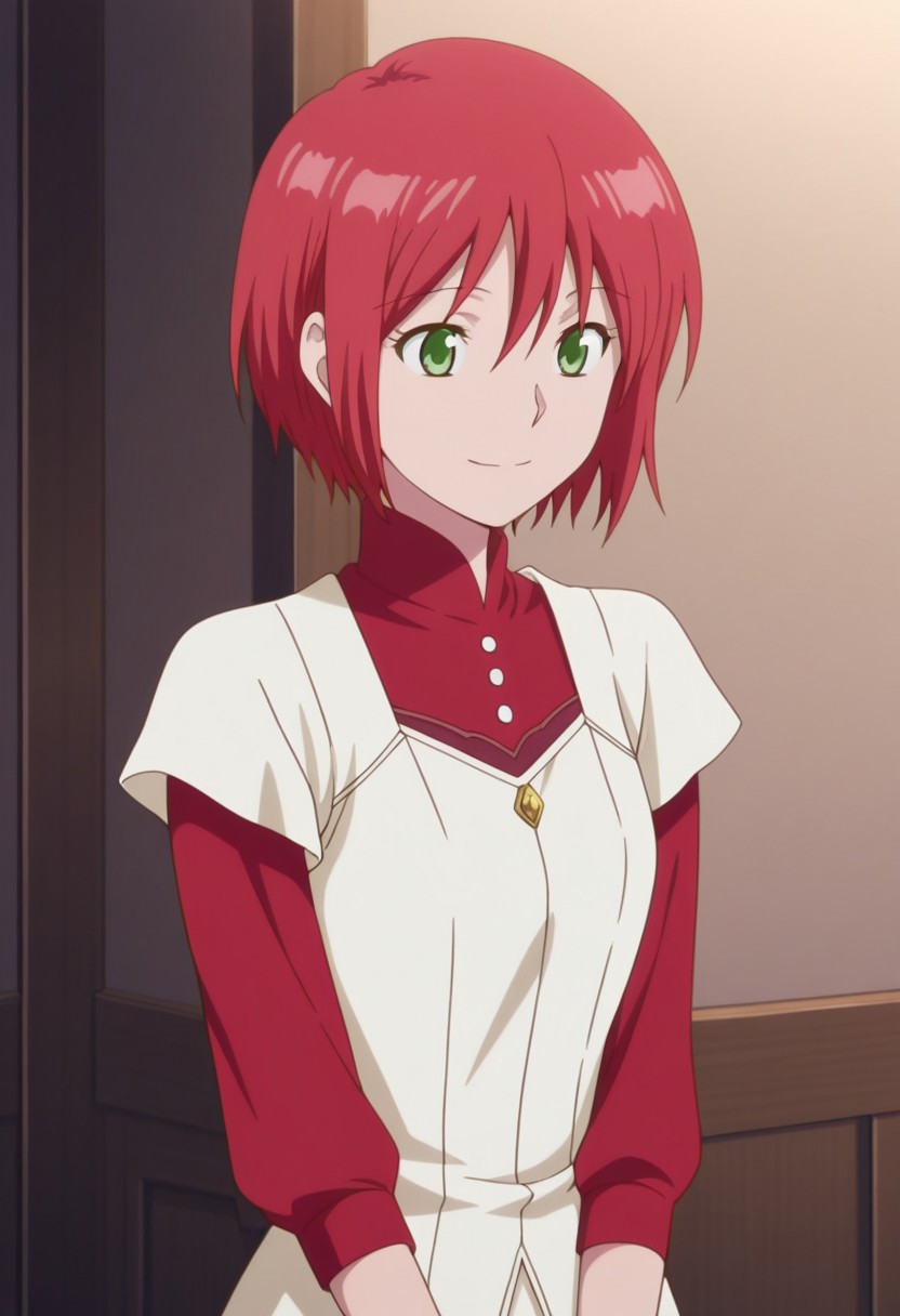 masterpiece,best quality,amazing quality, source_anime, 
shirayuki, 1girl, solo, green eyes, red hair, short hair, shirt, red shirt, high collar, dress, white dress, short over long sleeves, smile,