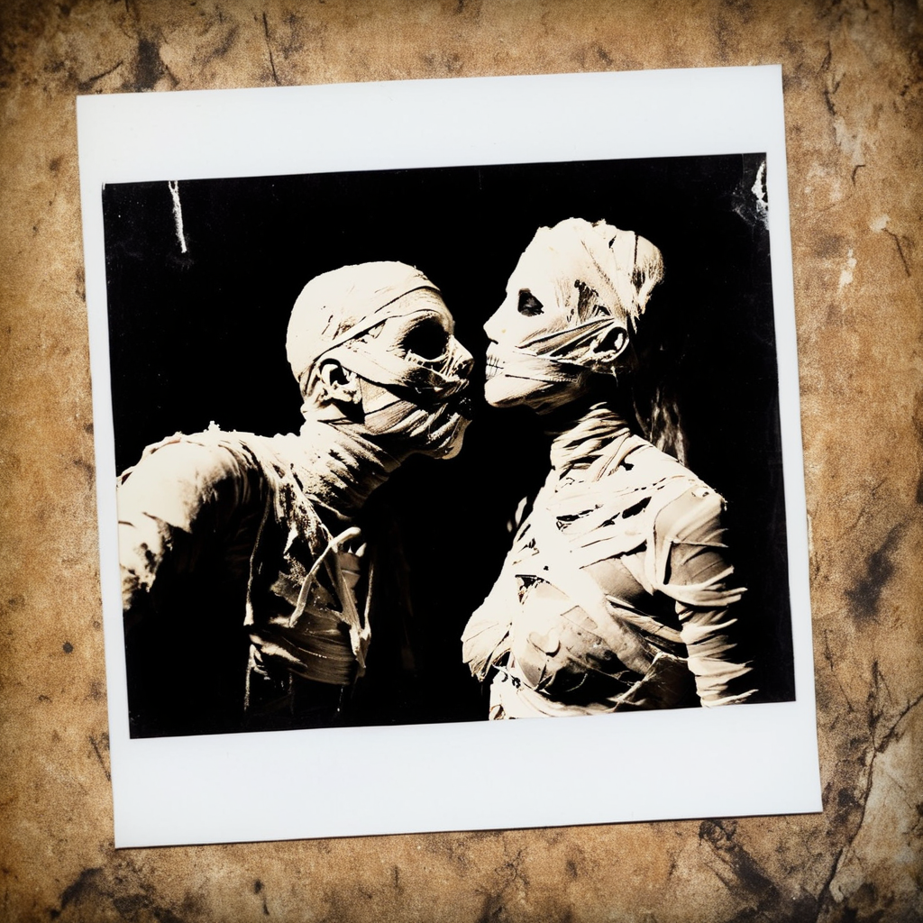<lora:SDXL_mummy_Sa_May:1> mummy, a desiccated mummy, man and woman, kiss, love,  Halloween selfies, Polaroid photos.