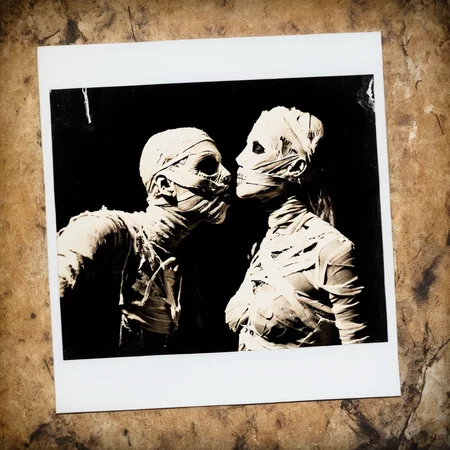 <lora:SDXL_mummy_Sa_May:1> mummy, a desiccated mummy, man and woman, kiss, love, Halloween selfies, Polaroid photos.