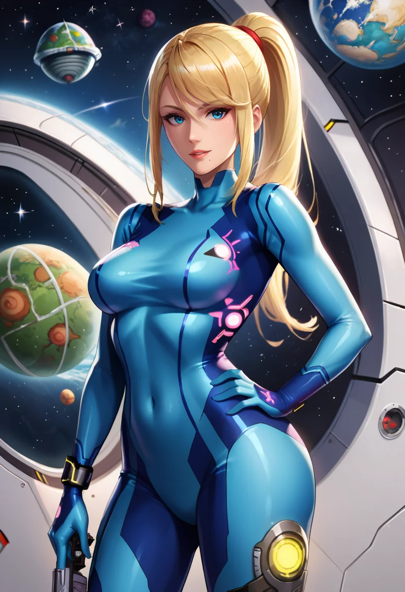 masterpiece,best quality, highly detailed, score_9, score_8_up, score_7_up, score_6_up,<lora:xl_more_art-full_v1:0.8>,source_Anime
BREAK
<lora:samus:0.8>samus,1girl, blonde hair, samus aran, zero suit, space, solo, blue eyes, breasts, planet, weapon, bodysuit, ponytail, long hair, gun, looking at viewer, hand on hip, covered navel, skin tight, bangs, holding weapon, blue bodysuit, holding, lips, medium breasts, earth (planet), cowboy shot, mole, holding gun, parted lips, smile, handgun, mole under mouth