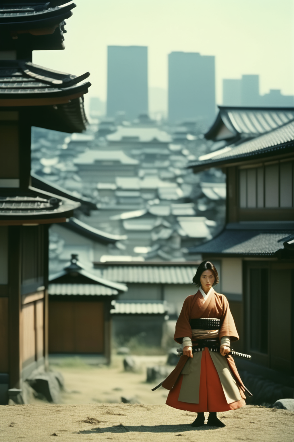 <lora:Director Akira Kurosawa style:1>Director Akira Kurosawa style - a lonely woman fight of armored samurai, armed, in an 1860s japan, with their buildings from the time in the background, with the aesthetics of shot with a Hasselblad 500C M, Kodak Ektachrome 100 film, 80mm lens, soft natural light, and a mellow color palette to mimic the 1970's film photography aesthetic, captured natural lighting