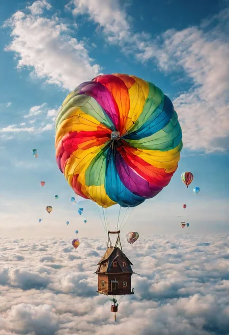 professional photograph, of a (flying_windmill , floating unsupported high in the sky above the clouds the highest_quality fully funtional windmill is flying), (feathers , kites, balloons in the breeze) realisticvision-negative-embedding, epiCRealism