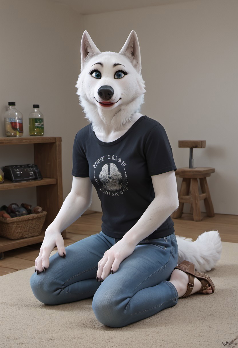 core_9, score_8_up, score_7_up, score_6_up, score_5_up, score_4_up,detailed fur, detailed face, Barbara, She-wolf, Forest wolf,blue eyes, woman, White fur, Barbara, anthropwolf, loner, dressed in a green T-shirt, long jeans, sand heeled sandals, claws on paws,1 girl, holding a wolf cub, wearing red lipstick, eyelashes painted blue, nails painted pink, laughing with her mouth open, sitting in a nursery, next to a cot,in the premises children's room, baby cot, toys, bottles,kids wallpaper at home.