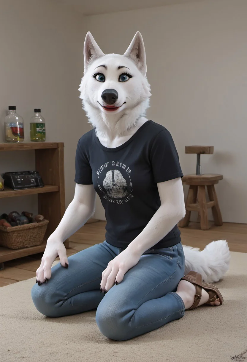 core_9, score_8_up, score_7_up, score_6_up, score_5_up, score_4_up,detailed fur, detailed face, Barbara, She-wolf, Forest wolf,blue eyes, woman, White fur, Barbara, anthropwolf, loner, dressed in a green T-shirt, long jeans, sand heeled sandals, claws on paws,1 girl, holding a wolf cub, wearing red lipstick, eyelashes painted blue, nails painted pink, laughing with her mouth open, sitting in a nursery, next to a cot,in the premises children's room, baby cot, toys, bottles,kids wallpaper at home.