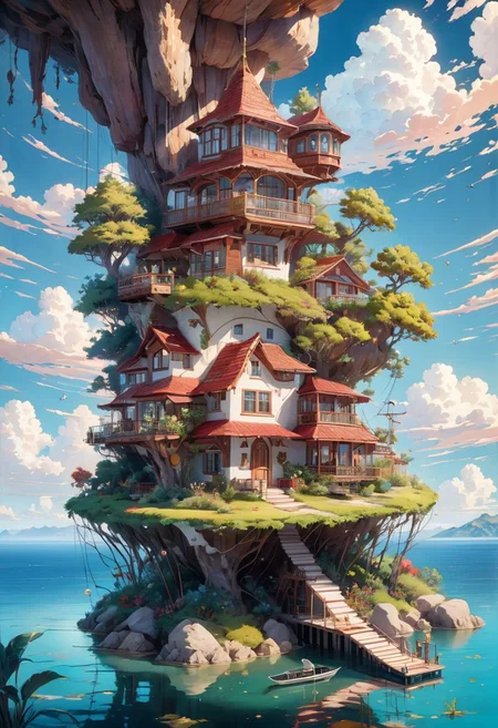 the image showcases a whimsical and intricately designed house that appears to be floating above the water. the house has multiple levels, with a prominent red-tiled roof, multiple windows, and various decorative elements. there are antennas, a satellite dish, and other technological devices attached to the house. the house is surrounded by a deck with seating, plants, and a table. below the house, there's a large rock formation that supports the house. the backdrop is a serene blue sky with fluffy white clouds.