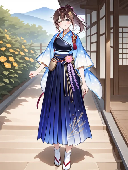 perfect quality,best quality,absolutely eye-catching,ambient occlusion,raytracing BREAK
1girl,<lora:houkyuu IL v1.1:0.8>,houkyuu,brown hair,ponytail,hair ornament,blue japanese clothes,blue print hakama,wide sleeves,muneate,flower,wide sleeves,solo,zouri,tabi,