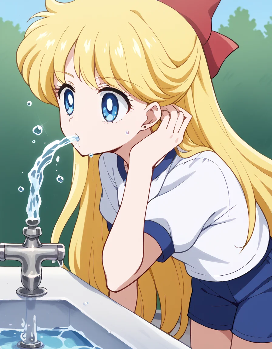 score_9, score_8_up, score_7_up, source_anime, <lora:minako-aino-eternal-movie1-ponyxl-lora-nochekaiser:1>, minako aino, blonde hair, blue eyes, bow, hair bow, half updo, long hair, red bow, tiara,, <lora:drinking-fountain-ponyxl-lora-nochekaiser:1>, drinking fountain, faucet, drinking, fountain, water, water drop,, gym uniform, gym shirt, gym shorts, bent, leaning forward, <lora:tucking-hair-ponyxl-lora-nochekaiser:1>, tucking hair, adjusting hair, hand on own hair, hair behind ear,, cowboy shot,