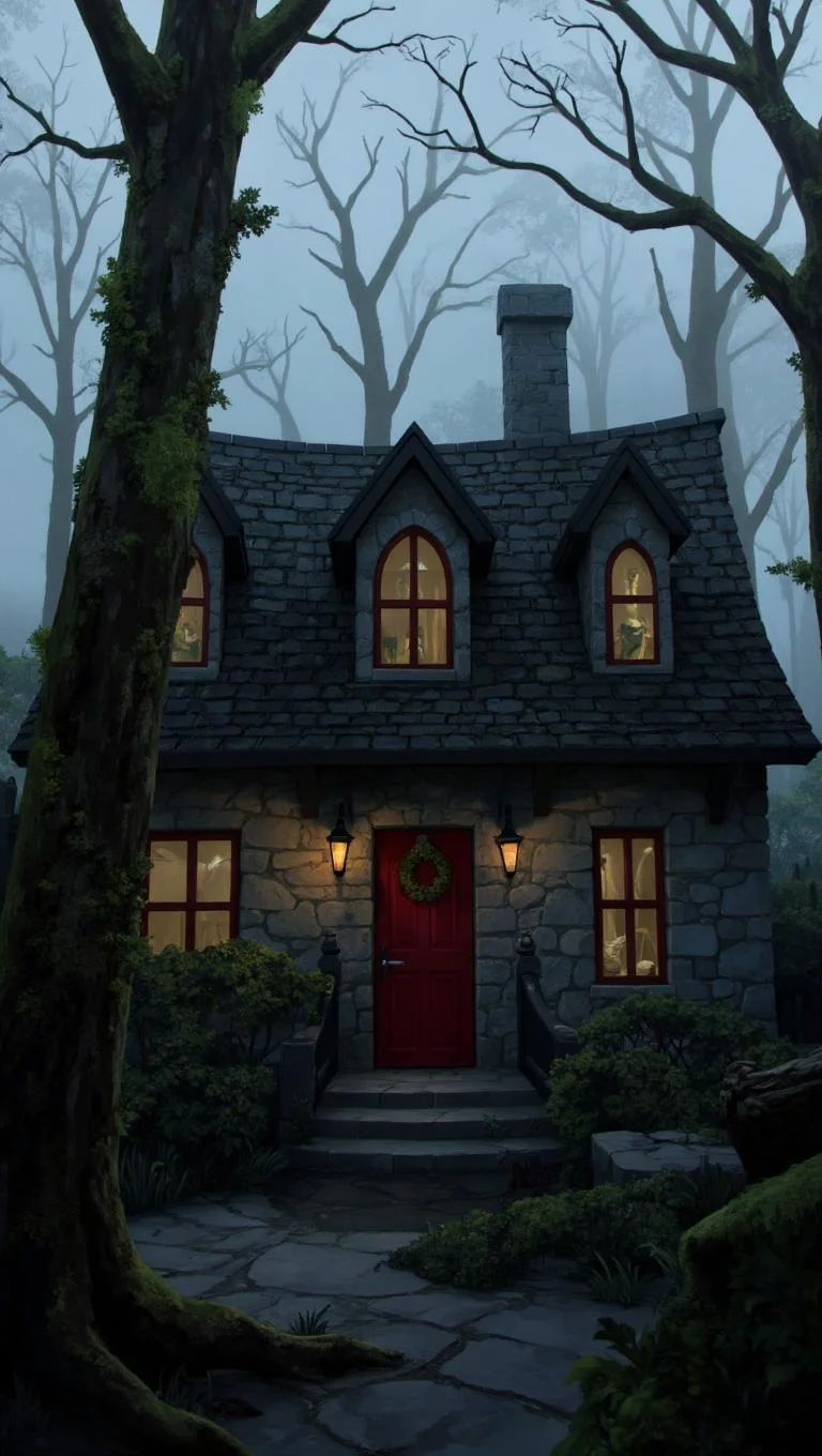 <lora:ck-LttleGhost-000011.safetensors:1> in the style of ck-lttlegh0stA dark grey stone cottage sits amidst a fog-shrouded forest, its steeply pitched roof pierced by dormer windows. Twin arched windows frame the red-framed entry door, adorned with a delicate wreath. Black lampposts hold glowing lanterns on either side of the door, while ivy and moss cover the walls and ground. The atmosphere is eerie yet picturesque, with tall, leafless trees looming in the background.