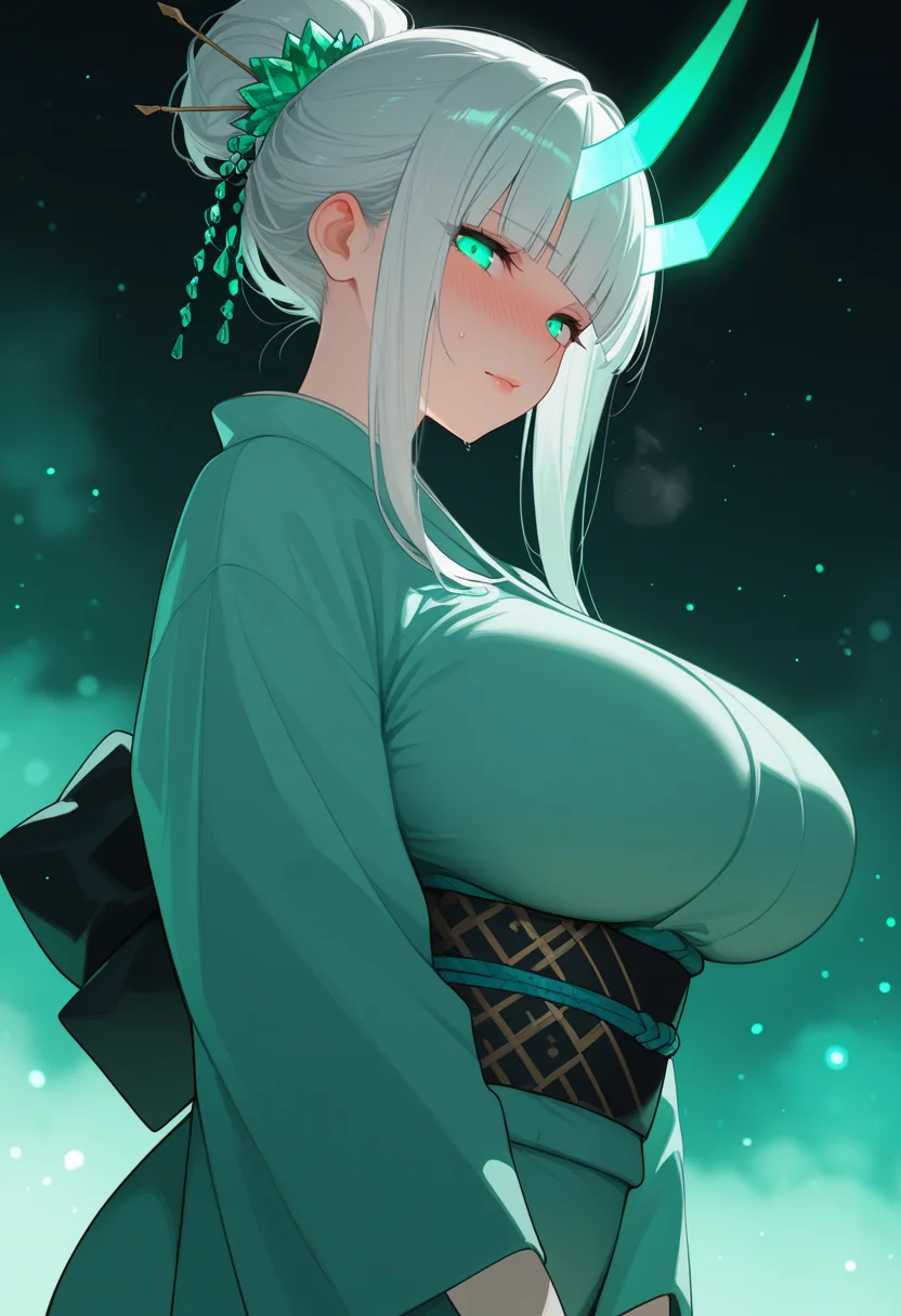 masterpiece, best quality, amazing quality,
1girl, silver hair, hair bun, sidelocks, hime cut, blunt bangs, hair ornament, emerald eyes, glowing eye, glowing eye trails, japanese clothes, kimono, glowing, looking at viewer, obi, sash, from side, horns, glowing horns, particles, glowing particles, detailed, (shiny skin), soft shaded, depth of field, aqua theme, fog, green theme
,dutch angle, dark background, (night:0.8), blurry background, glowing light particles, depth of field
,nose blush, sweat, steaming body, lips, large breasts, mature female, <lora:AGM_style_IL_v0.1:1.0>