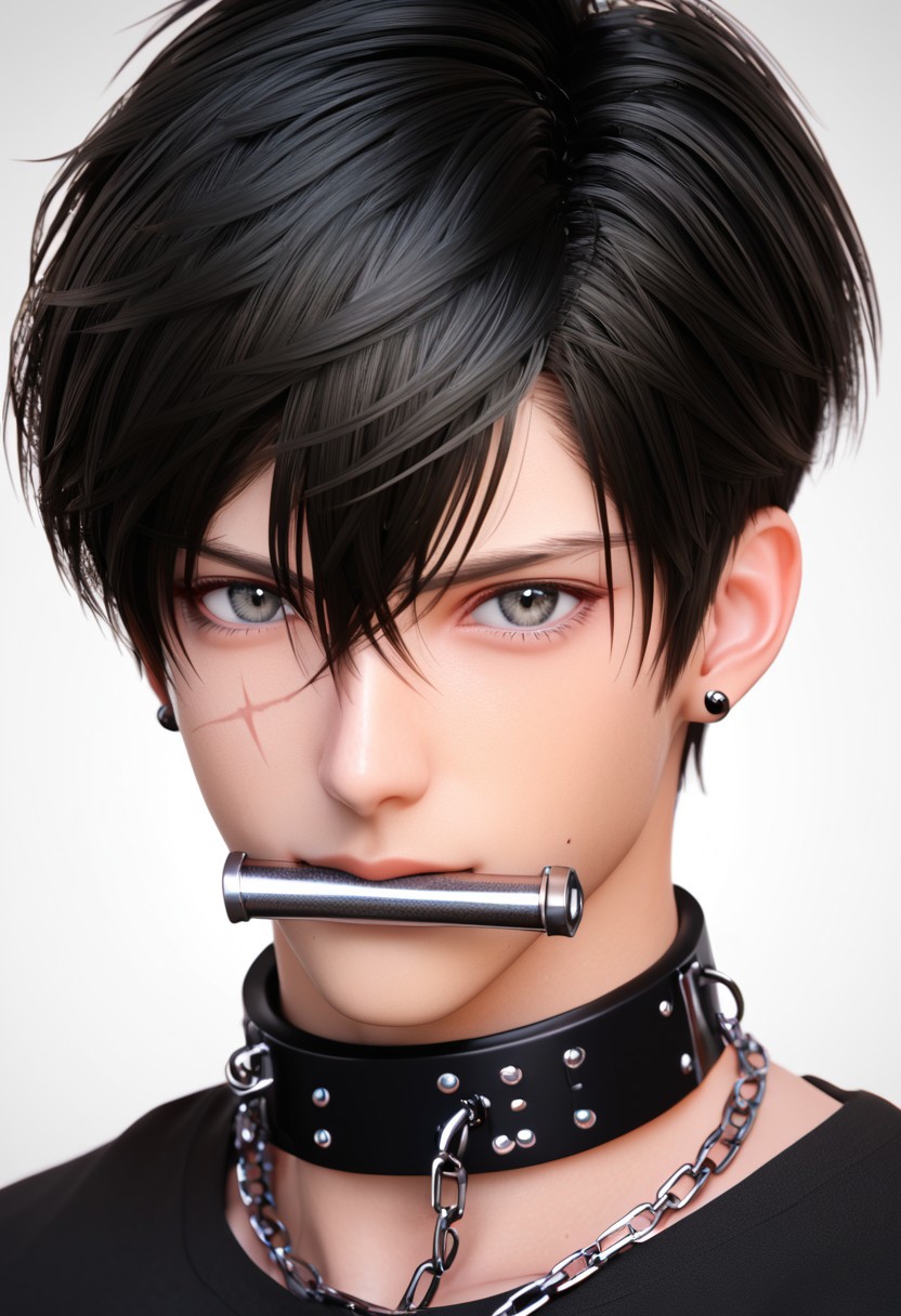 samdoesarts, anninosj, letsfinalanswer, hamukukka, elliemaplefox, sei5osuzuki, BM94199, yaoyao794, score_9, score_8_up, score_7_up, i want the whole image to be created in 3D anime style, solo, looking at viewer, short hair, bangs, simple background, black hair, 1boy, white background, hair between eyes, jewelry, male focus, earrings, mole, collar, grey eyes, black shirt, mole under eye, chain, scar, mouth hold, portrait, scar on face, close-up, metal collar