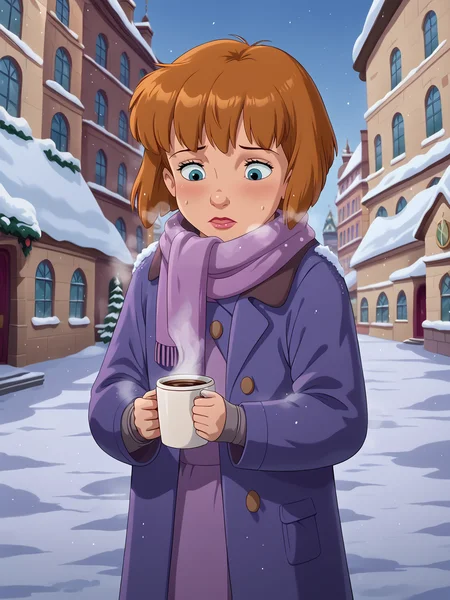 snow, cold, breath, london, street, 1girl, <lora:Jane Darling (Peter Pan):0.85> janedarling, coat, scarf, coffee