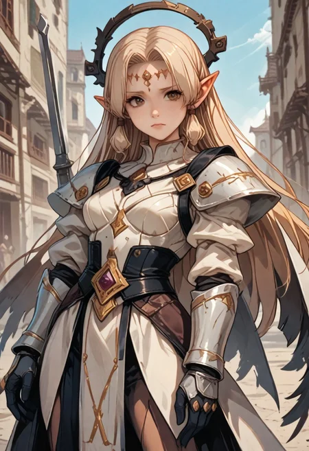 This high-quality digital artwork depicts a fierce, armored female warrior angel with long, flowing golden hair, holding an intricate glowing, ruined yellow long sword. She has large, black wings and is clad in intricately designed, dark metal armor that covers her torso and arms. Her expression is determined and powerful. The background features a sky high dark tower with a bizarre and horrifying architecture. The camera angle is low, looking up at the female warrior angel, emphasizing her imposing presence. The depth of field is shallow, keeping her in sharp focus while the background is slightly blurred. The overall aesthetic quality is very high, showcasing excellent use of lighting and composition.