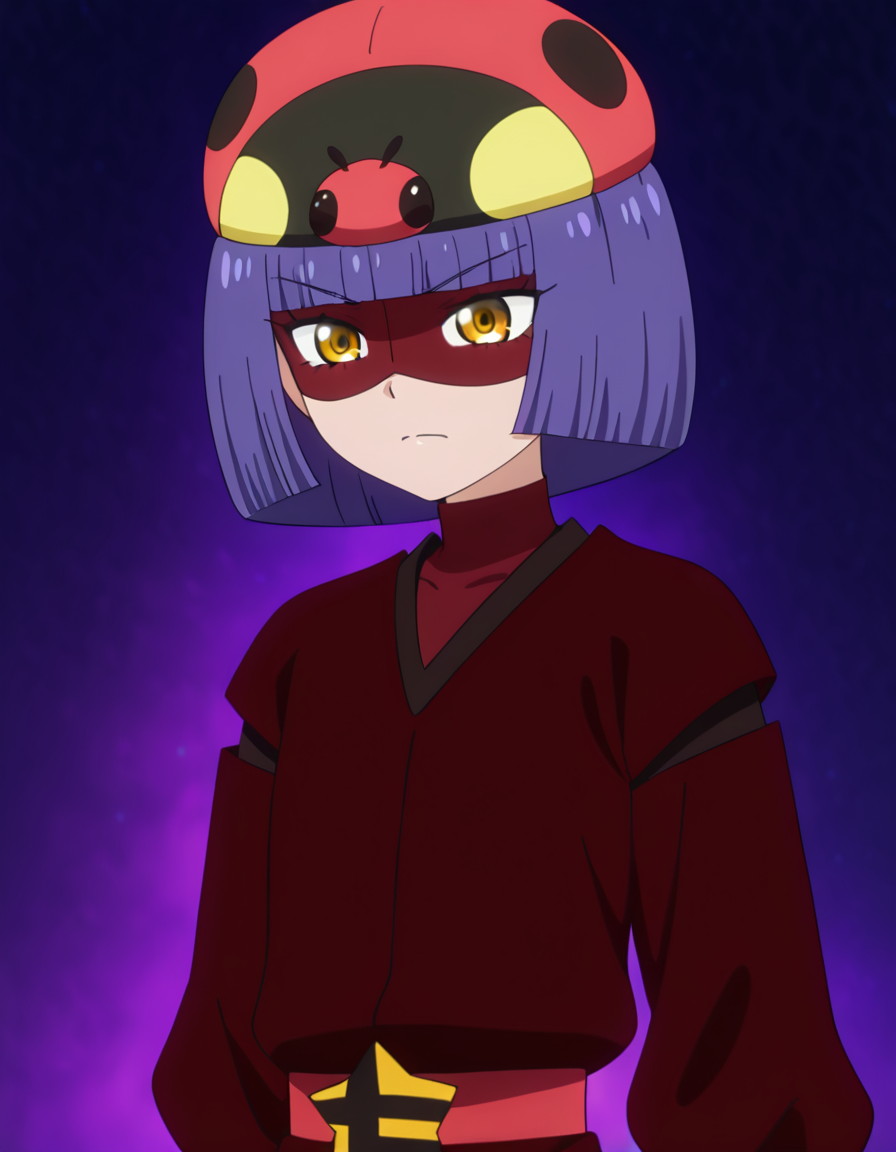 <lora:Nanahoshi_Tenten_IL_v1:1>1girl, solo, tenten_n, blunt bangs, bob cut, purple hair, yellow eyes, ladybug hat, maroon domino mask, dark red kimono, maroon turtleneck shirt, soft red belt, upper body, anime coloring, anime screencap, masterpiece, best quality, amazing quality, very aesthetic, absurdres, newest,