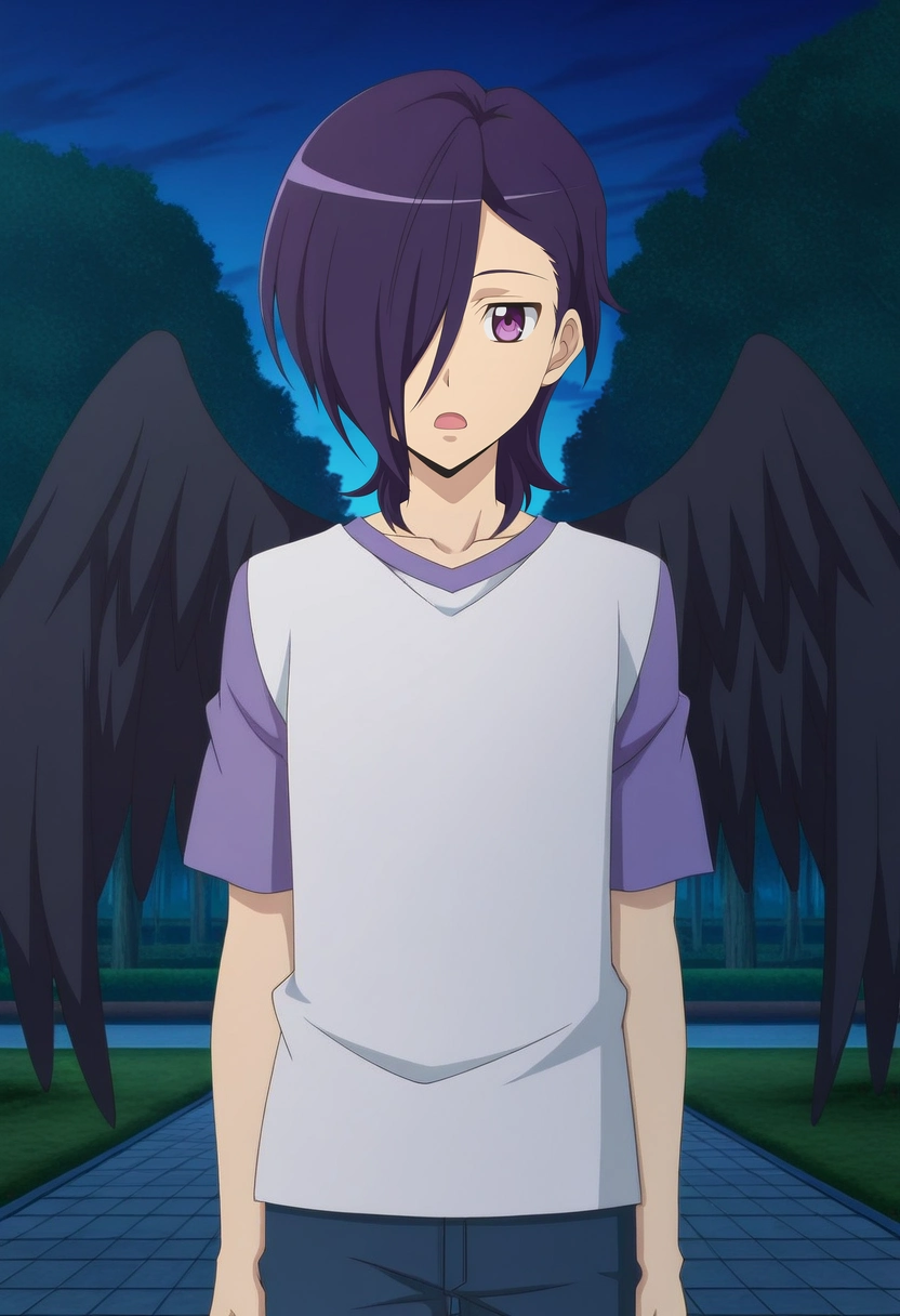 masterpiece, best quality, anime screencap, official style, anime coloring, cowboy shot, 1boy, solo, male focus, <lora:hanzou_urushihara_ilxl:0.92>, hanzou_urushihara, purple hair, purple eyes, hair over one eye, short hair, black wings, , straight-on, park, dawn, floating, open mouth,
