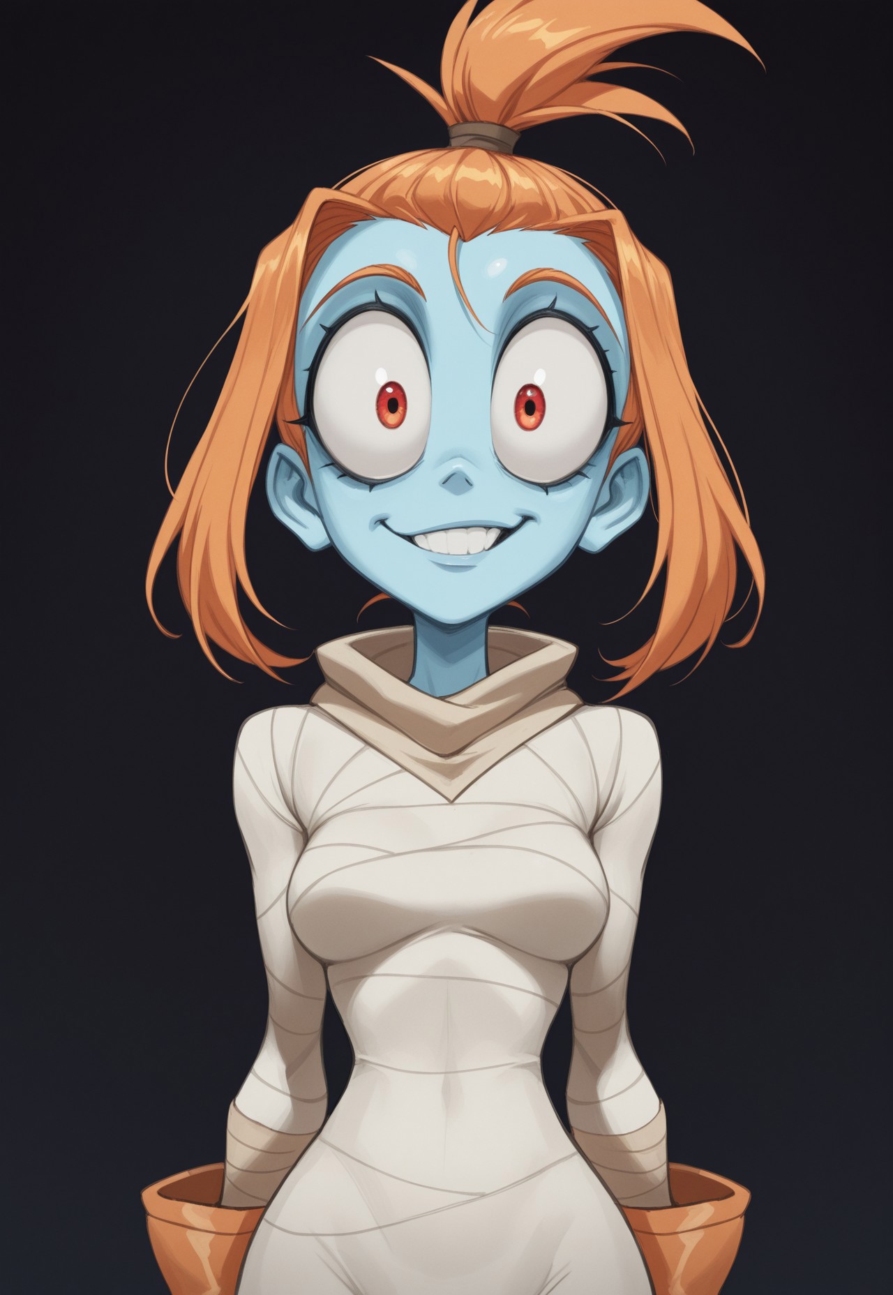 anime, masterpiece, best quality, detailed background, 8k, 1girl, solo, Mel, blue skin, colored skin, red eyes, big eyes, orange hair, ponytail, topknot, white bodysuit, bandages, orange gloves, smirk, teeth, breasts, dark background, half body, staring at viewer, no pose