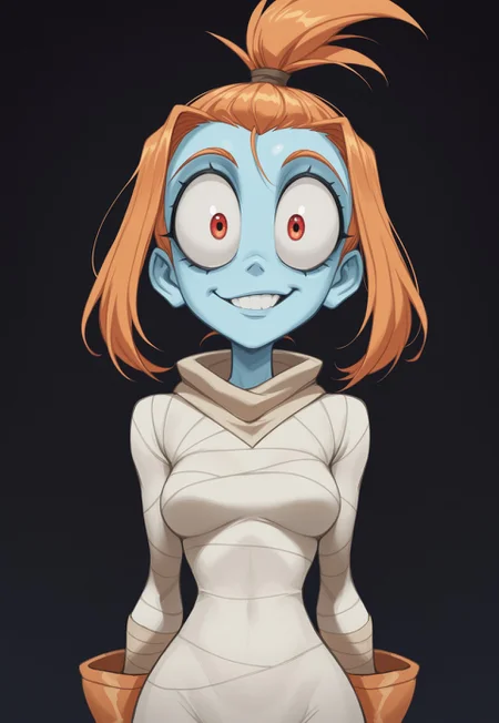 anime, masterpiece, best quality, detailed background, 8k, 1girl, solo, Mel, blue skin, colored skin, red eyes, big eyes, orange hair, ponytail, topknot, white bodysuit, bandages, orange gloves, smirk, teeth, breasts, dark background, half body, staring at viewer, no pose