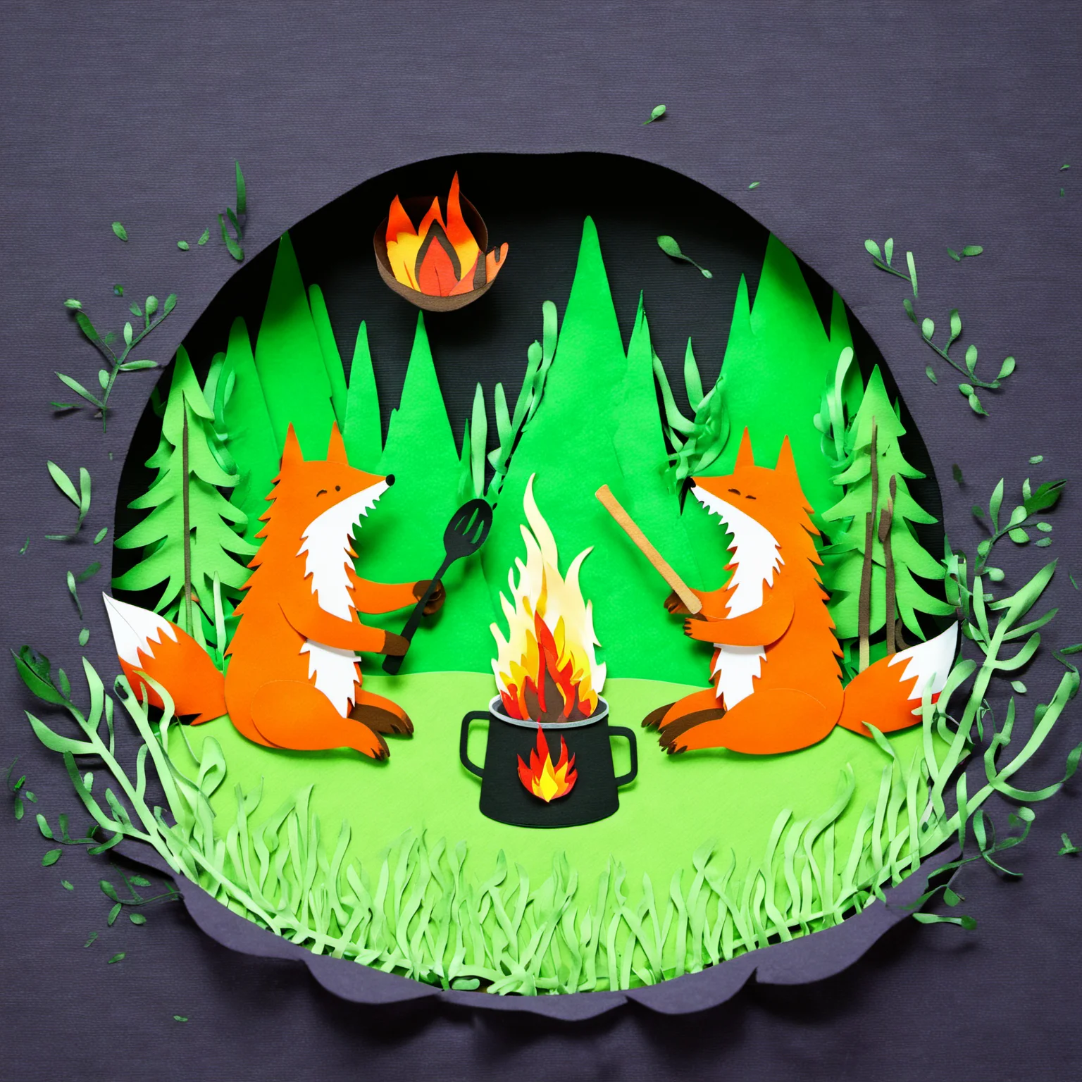 paperart, holding,sitting,tree,cup,leaf,grass,fire,holding cup,green background,flame,fox,holding stick,campfire,<lora:paperart:1>