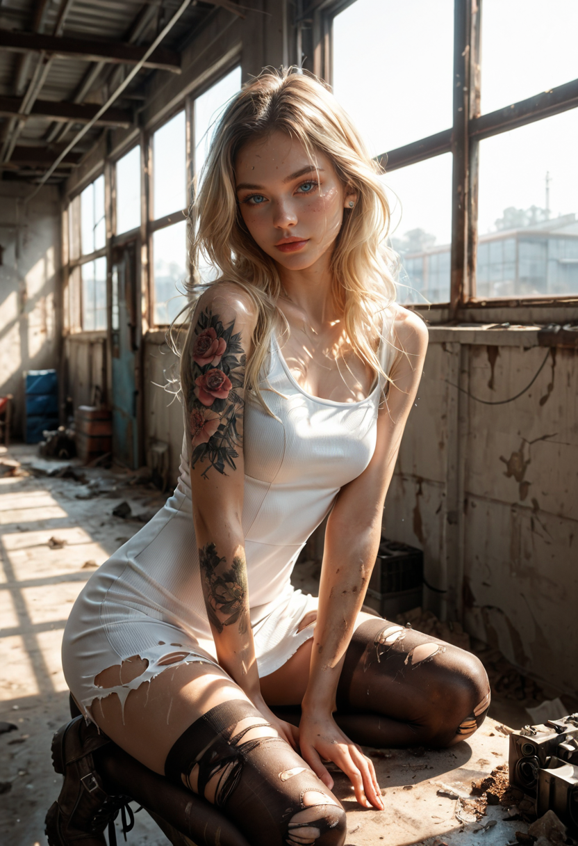 score_9, score_8_up, score_7_up, realistic,photorealistic, 1girl, beautiful young Russian female, blonde hair, blue eyes, standing in an abandoned industrial warehouse, looking at viewer, wearing a sexy white tight dress, torn black stockings, sitting on a rusted metal beam, one leg bent, the other extended, body slightly leaning forward, hand resting on thigh, body covered in dirt and bruises, intricate tattoos on her arms and shoulders, broken windows casting dim light on her skin, scattered debris and machinery around, post-apocalyptic atmosphere, ultra-realistic style, highly detailed textures, natural lighting, soft shadows, highlights, seductive pose, confident expression, <lora:Dramatic Lighting Slider:2>,  <lora:t4tsXLP:1>